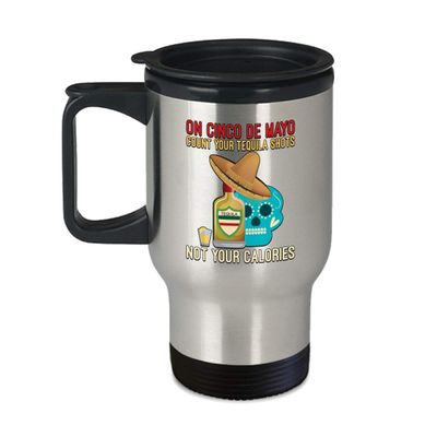 Tequila Shots Sugar Skull Travel Mug - Insulated 14oz Stainless Steel Coffee Cup with Handle and Lid - Mexican Fiesta Themed Gift for Birthdays and Cinco De Mayo