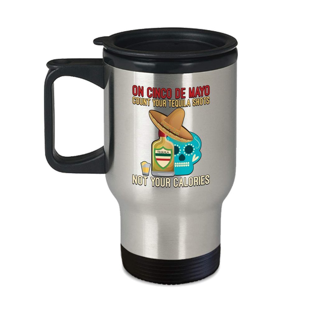 Tequila Shots Sugar Skull Travel Mug - Insulated 14oz Stainless Steel Coffee Cup with Handle and Lid - Mexican Fiesta Themed Gift for Birthdays and Cinco De Mayo