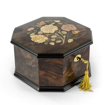 Spacious 18 Note Handcrafted Roses Inlay Octagonal Musical Jewelry Box - Many Songs to Choose - You are The Sunshine of My Life
