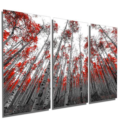 72 x 36 TOTAL - Aspen Trees, Red Leaves. Metal Print wall art. 3 Panel split, Triptych - HD aluminum panels