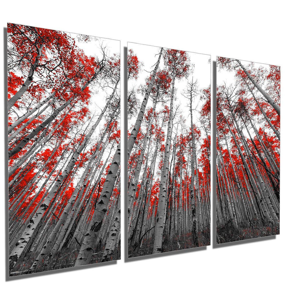 72 x 36 TOTAL - Aspen Trees, Red Leaves. Metal Print wall art. 3 Panel split, Triptych - HD aluminum panels