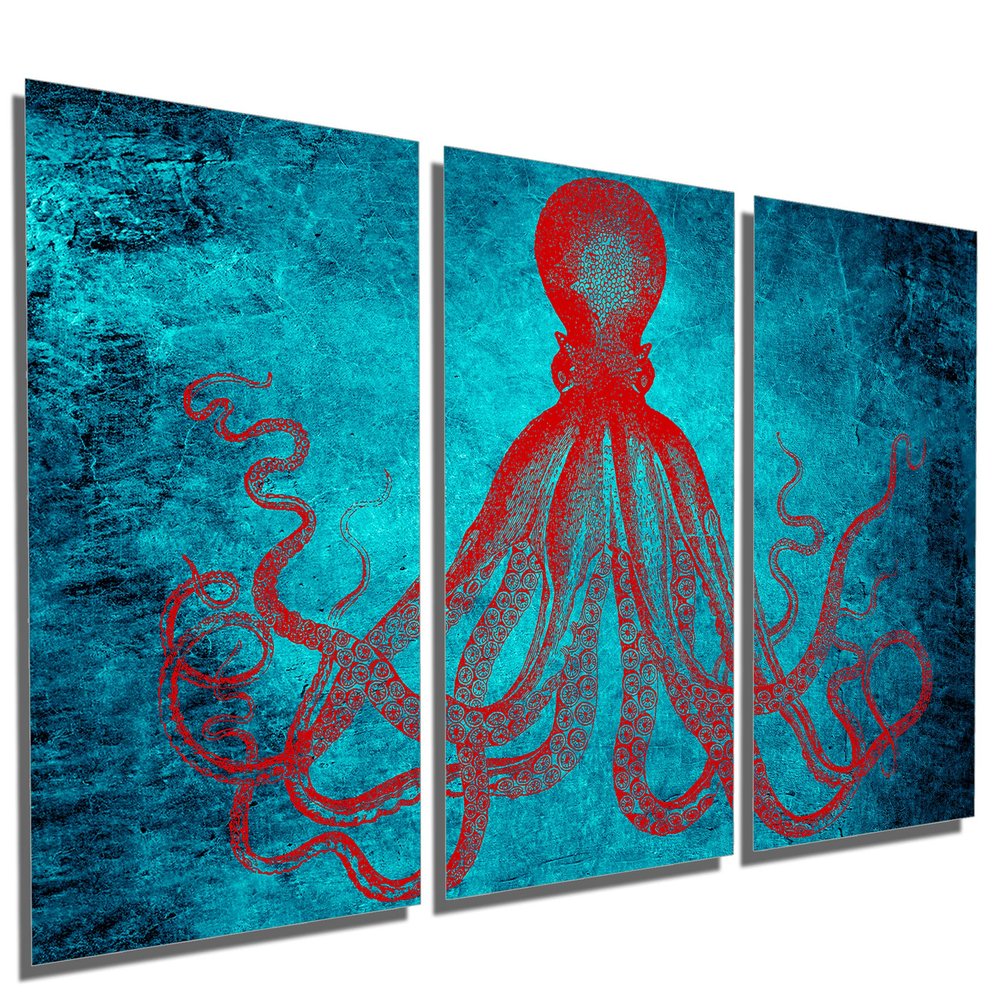 60 x 30 TOTAL - Lord Bodner Octopus Triptych Metal Print Wall Art. Blue-Red 3 Panel Split. Kraken, HD aluminum