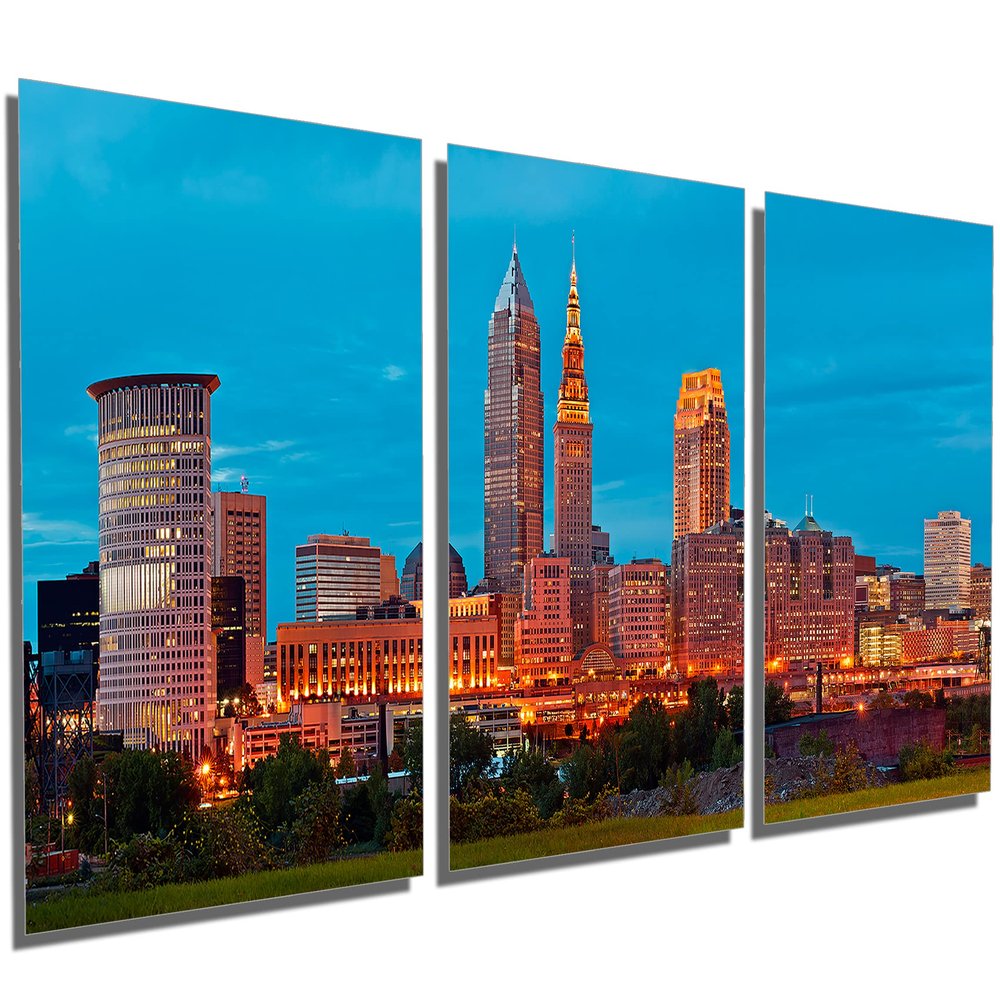 72 x 36 TOTAL - Downtown Cleveland, Ohio Metal Print wall art. 3 Panel split, Triptych HD aluminum multi panel print