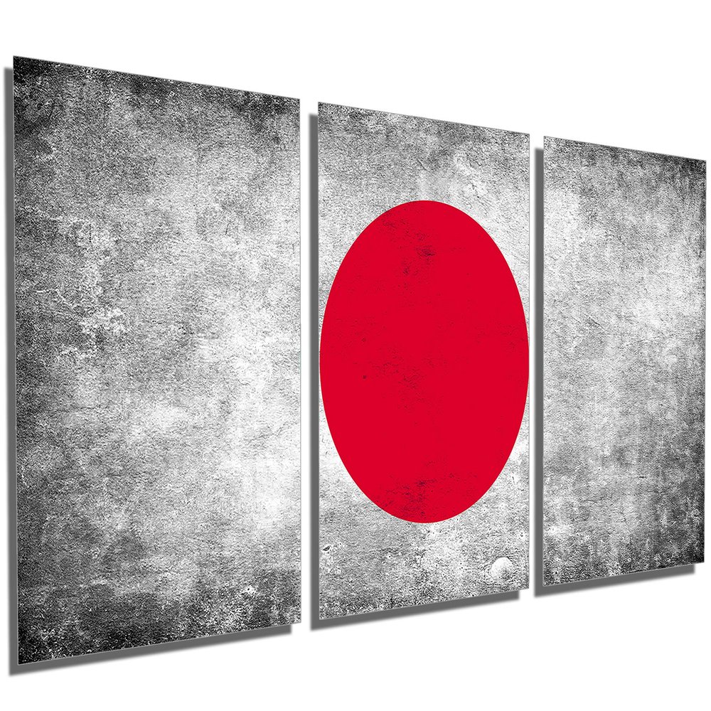 72 x 36 TOTAL - Japanese Flag Silver Grunge - Metal Print wall art. 3 Panel split, Triptych. HD aluminum multi panel