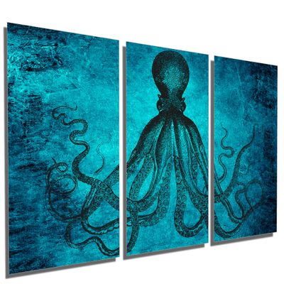 60 x 30 TOTAL - Lord Bodner Octopus Triptych Metal Print Wall Art. Munsell Blue. 3 Panel Split. Kraken, HD aluminum