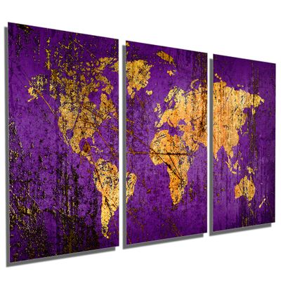 48 x 24 TOTAL - Abstract Purple World Map - Metal Print wall art. 3 Panel split, Triptych HD aluminum panels