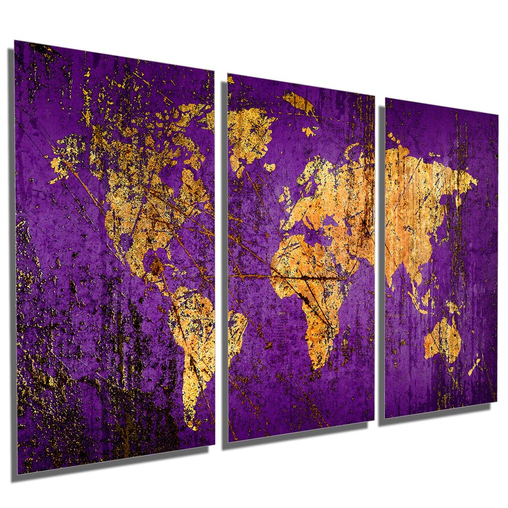 48 x 24 TOTAL - Abstract Purple World Map - Metal Print wall art. 3 Panel split, Triptych HD aluminum panels