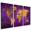 48 x 24 TOTAL - Abstract Purple World Map - Metal Print wall art. 3 Panel split, Triptych HD aluminum panels view 1