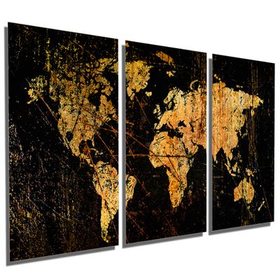 60 x 30 TOTAL - Abstract Black World Map Metal Print wall art. 3 Panel split, Triptych HD aluminum multi panel print