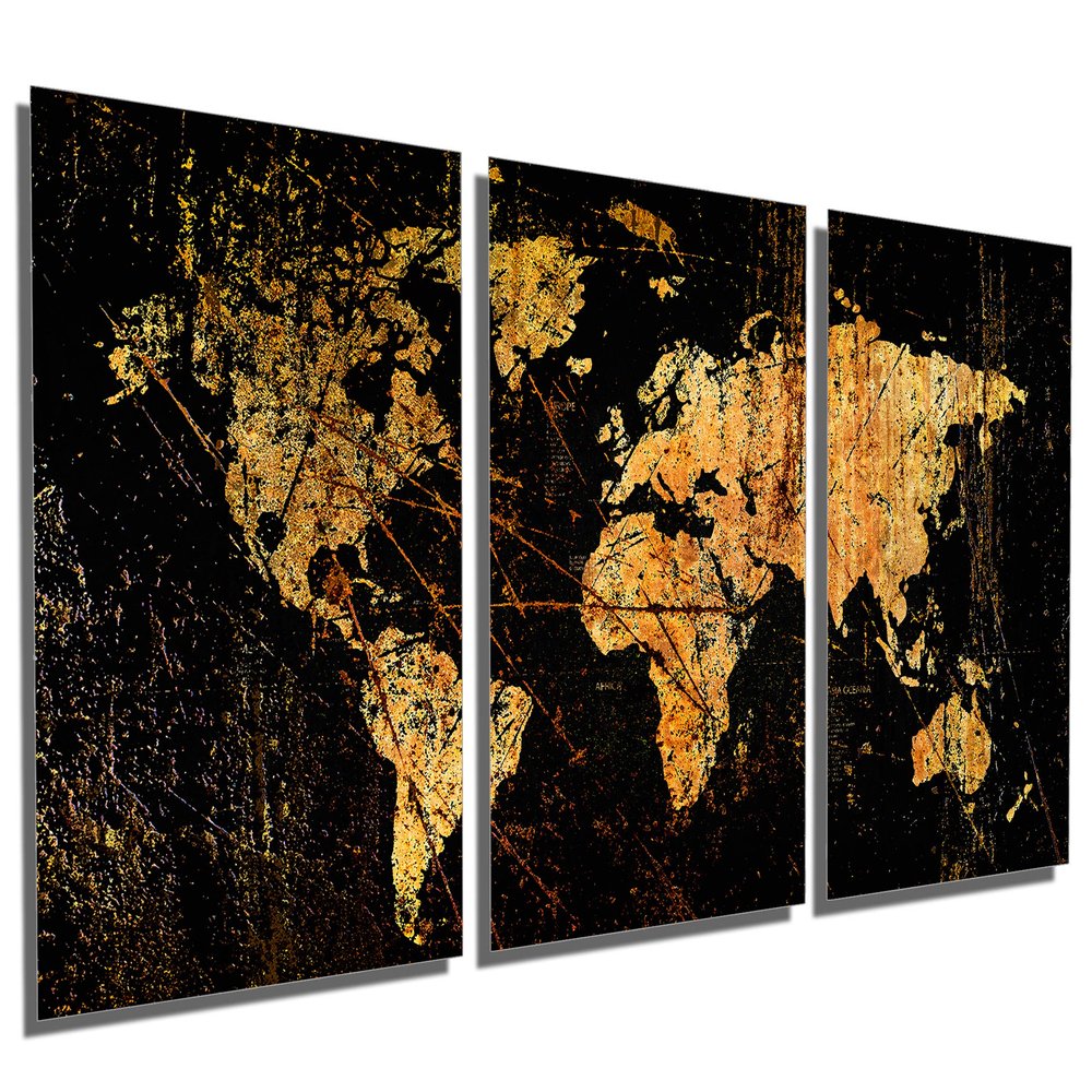 60 x 30 TOTAL - Abstract Black World Map Metal Print wall art. 3 Panel split, Triptych HD aluminum multi panel print