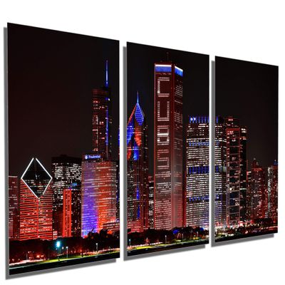60 x 30 TOTAL - Red Chicago Cubs skyline at night Metal Print, wall art. 3 Panel split, Triptych HD aluminum