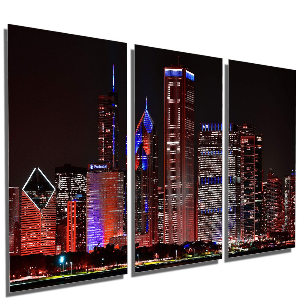 60 x 30 TOTAL - Red Chicago Cubs skyline at night Metal Print, wall art. 3 Panel split, Triptych HD aluminum