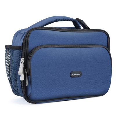Amersun Kids Lunch Bag, Insulated School Lunch Bag with Padded Liner Keeps Food Warm Cold Longer Time,Water-resistant Thermal Travel Office Lunch Cooler for Boys Girls-2 Pockets, Blue