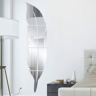 JXBoos Feather Mirror Wall Stickers, Acrylic Waterproof Self-Adhesive Removable Wall Decor Flexible Shatterproof Plastic Mirror-Silver 18x73cm(7x29inch)