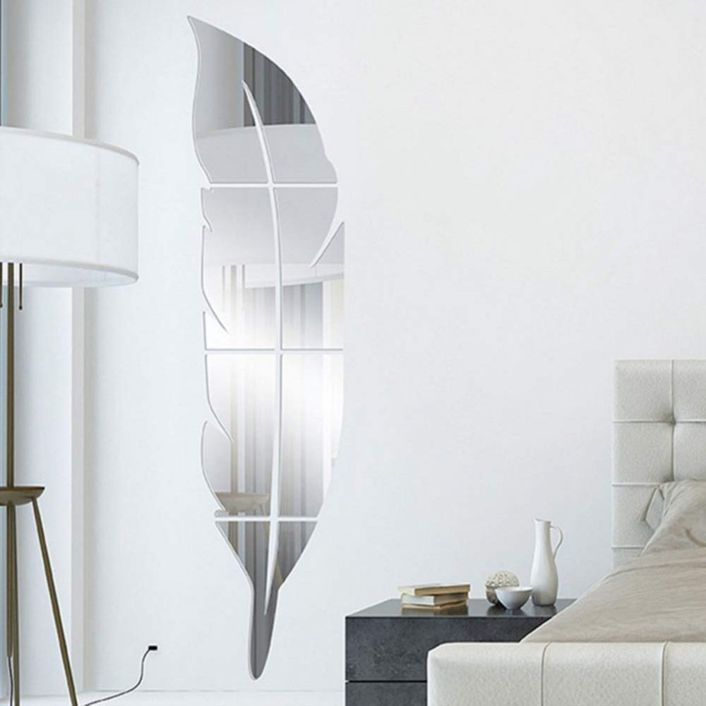 JXBoos Feather Mirror Wall Stickers, Acrylic Waterproof Self-Adhesive Removable Wall Decor Flexible Shatterproof Plastic Mirror-Silver 18x73cm(7x29inch)