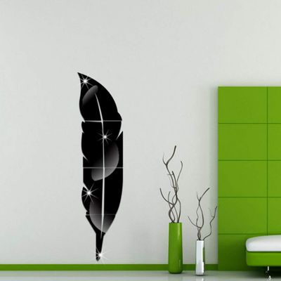 JXBoos Feather Mirror Wall Stickers, Acrylic Waterproof Self-Adhesive Removable Wall Decor Flexible Shatterproof Plastic Mirror-Black 18x73cm(7x29inch)