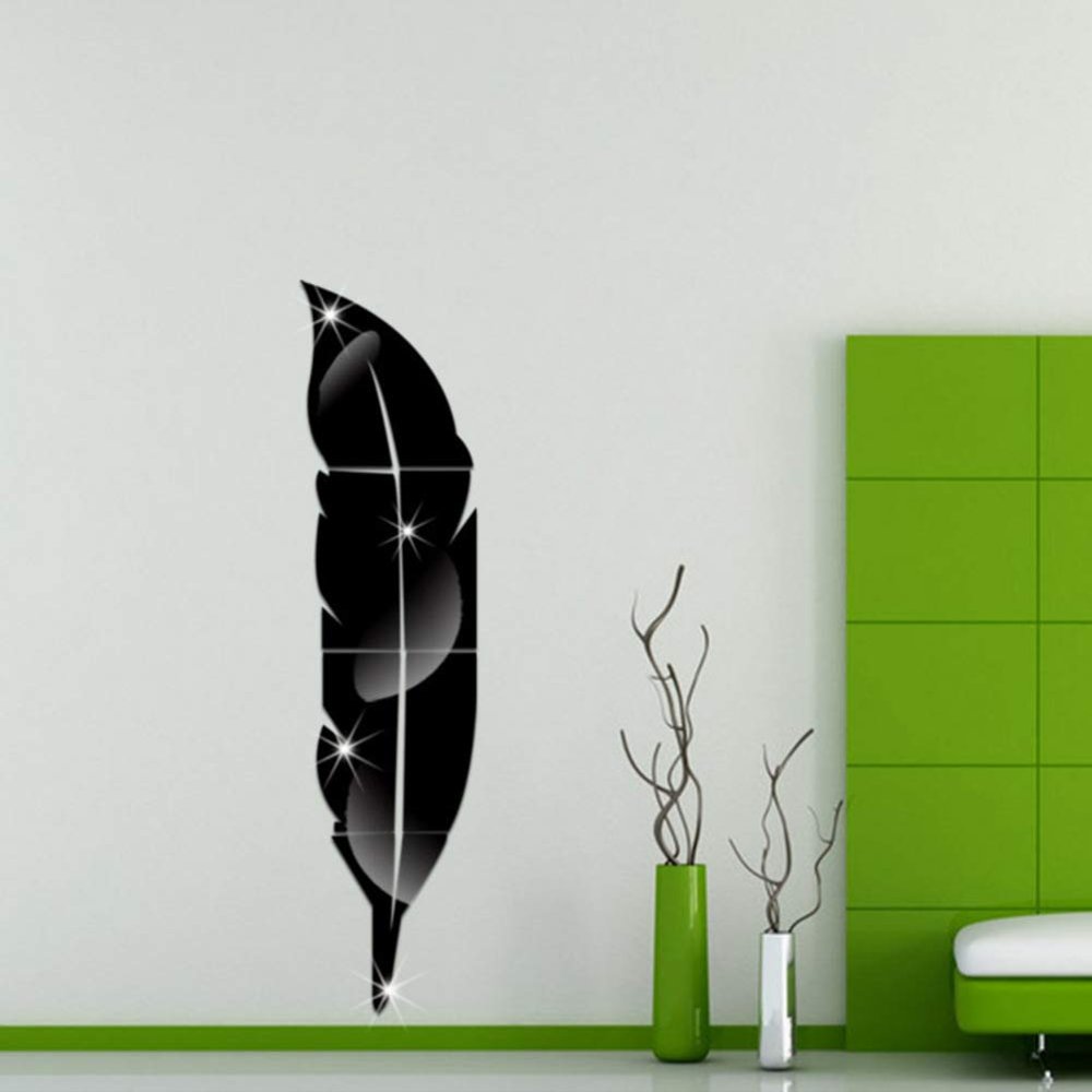 JXBoos Feather Mirror Wall Stickers, Acrylic Waterproof Self-Adhesive Removable Wall Decor Flexible Shatterproof Plastic Mirror-Black 18x73cm(7x29inch)