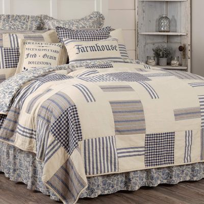 Doylestown Queen Patchwork and Floral Quilt, 100% Cotton Reversible Bed Quilt with Gingham Check, Grain Sack and Blue Ticking Stripes for Boho Chic and Rustic Farmhouse Bedroom Decor (90x90)