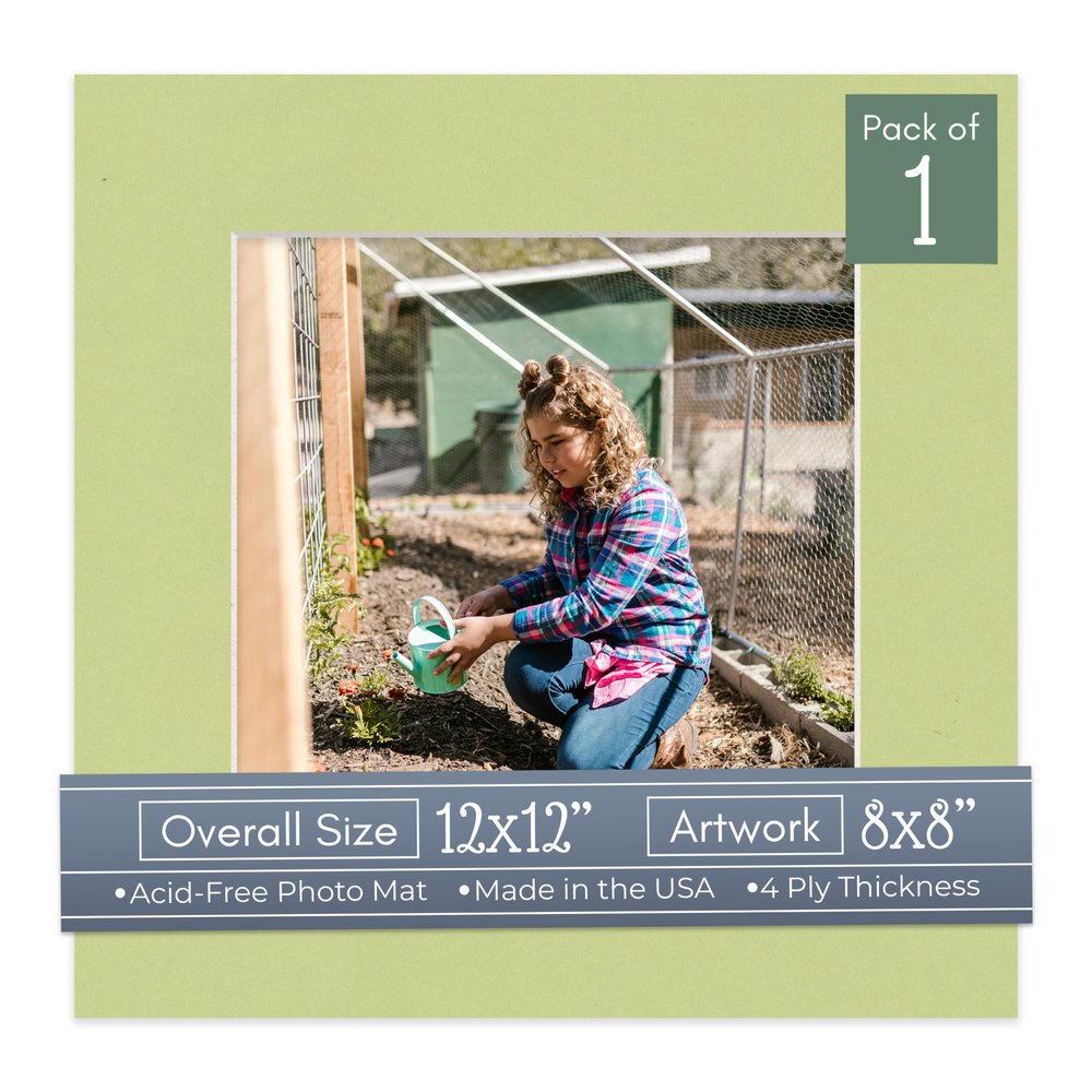 CountryArtHouse Pistachio Acid Free 12x12 Picture Frame Mats with White Core Bevel Cut for 8x8 Pictures - Fits 12x12 Frame - One Mat - With Bag & Backing