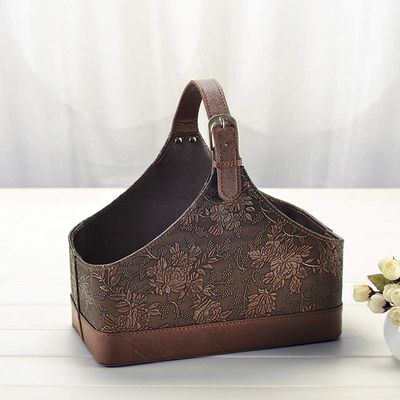 Leather Storage Basket,MDF Structure Wine Flowers Fruits Magazine Holder Rack/Bins,with Top Handle for Holiday Presents Gifts Display (Small, Vintage)