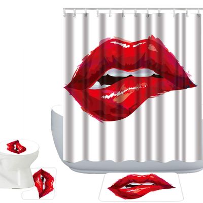 Amagical Sexy Red and White Bathroom Decoration 16 Piece Bathroom Mat Set Shower Curtain Set Woman Red Lips Non Slip Bath Mat Contour Mat Toilet Cover Shower Curtain with 12 Hooks
