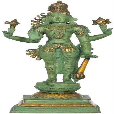 Harihara, an Example of Eclectic Indian Iconography - Brass Statue - Color Antique Green Gold Color