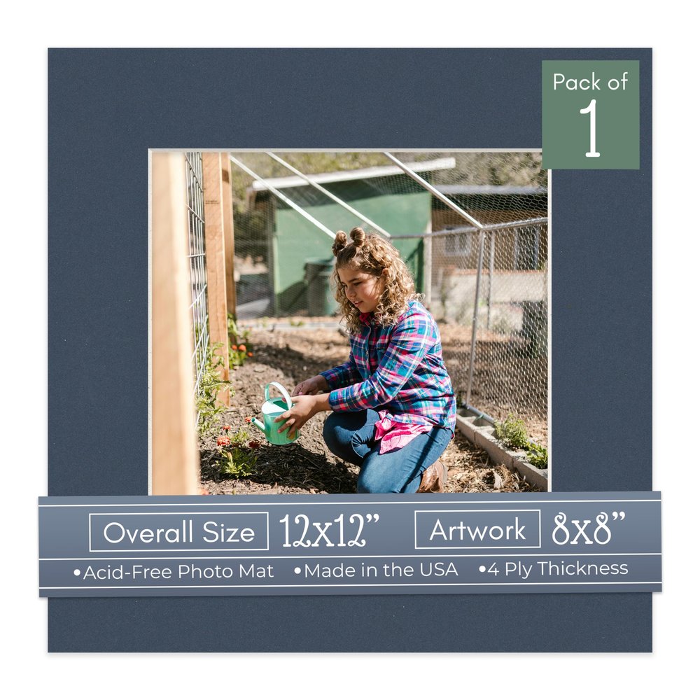 CountryArtHouse Navy Blue Acid Free 12x12 Picture Frame Mats with White Core Bevel Cut for 8x8 Pictures - Fits 12x12 Frame - One Mat - With Bag & Backing