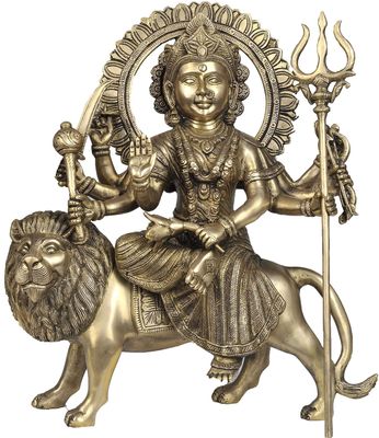 Exotic India Mother Goddess Durga - Brass Statue - Color Natural Brass Color