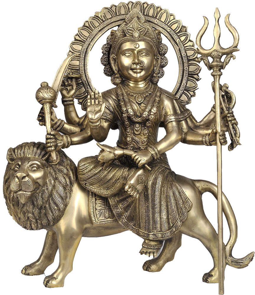 Exotic India Mother Goddess Durga - Brass Statue - Color Natural Brass Color
