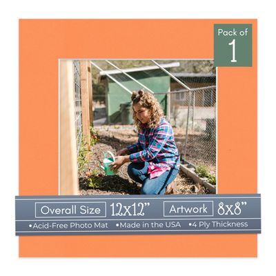 CountryArtHouse Orange Acid Free 12x12 Picture Frame Mats with White Core Bevel Cut for 8x8 Pictures - Fits 12x12 Frame - One Mat - With Bag & Backing