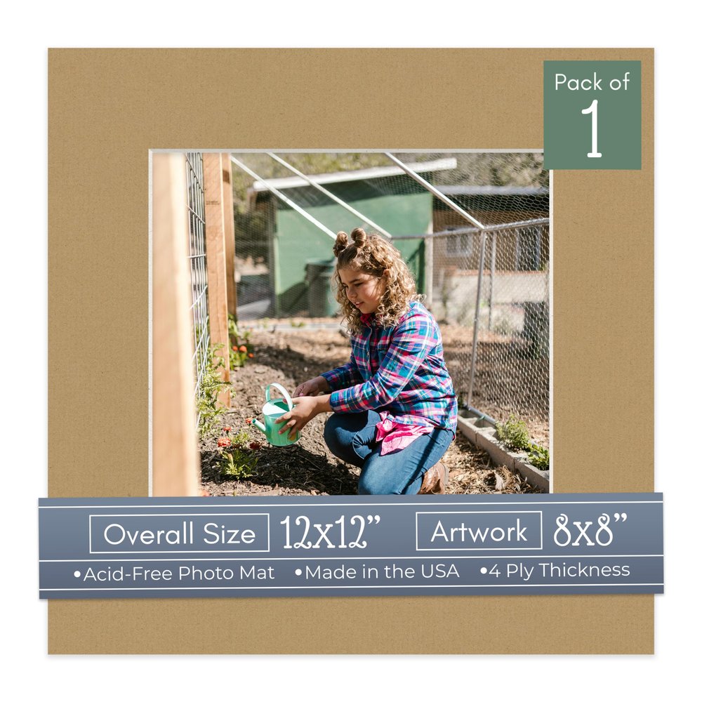 CountryArtHouse Rattan Acid Free 12x12 Picture Frame Mats with White Core Bevel Cut for 8x8 Pictures - Fits 12x12 Frame - One Mat - With Bag & Backing