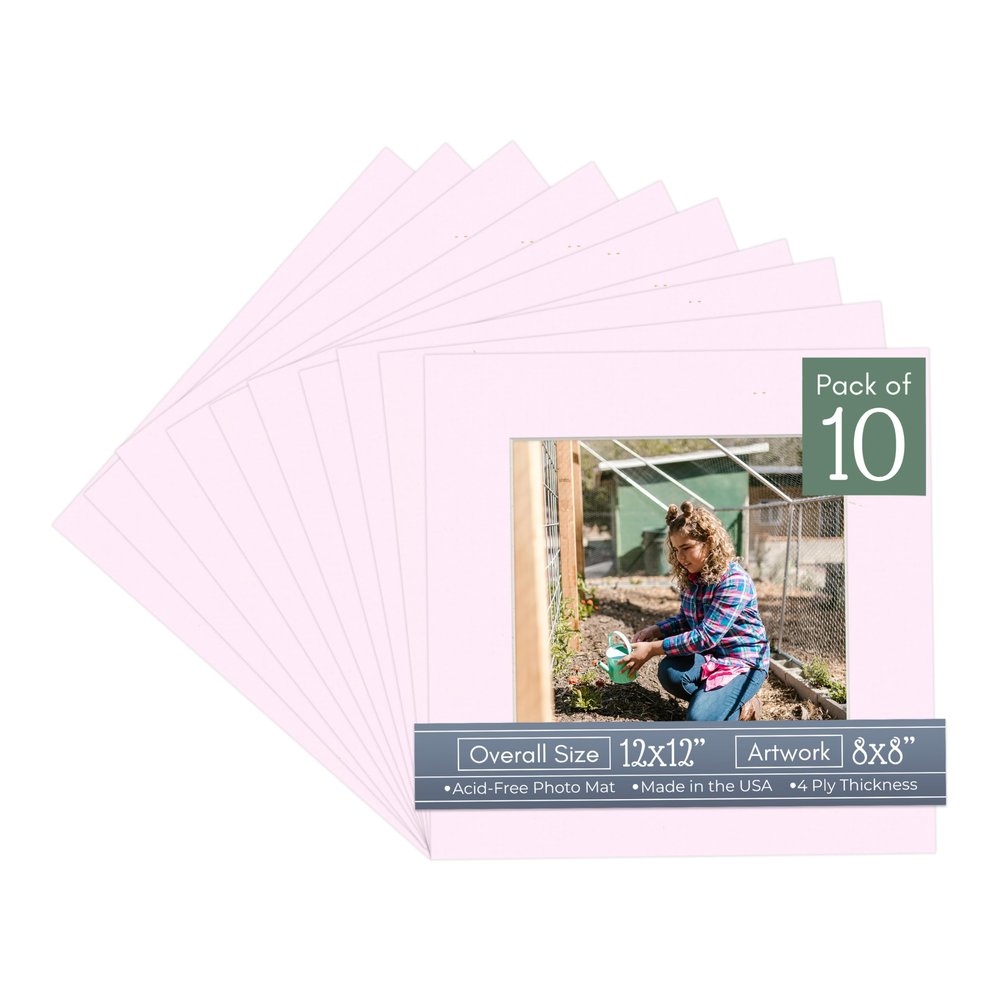 CountryArtHouse Soft Pink Acid Free 12x12 Picture Frame Mats with White Core Bevel Cut for 8x8 Pictures - Fits 12x12 Frame - One Mat - With Bag & Backing