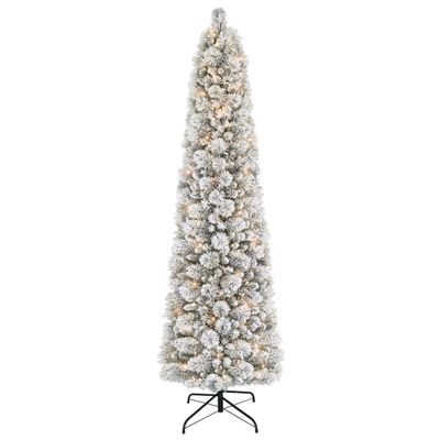 Puleo International 6.5ft Pre-Lit Flocked Portland Pine Pencil Christmas Tree with 300 Clear Lights, 410 Realistic Dense Snow Flocked Branch Tips, Easy Setup Artificial Trees with Sturdy Metal Stand