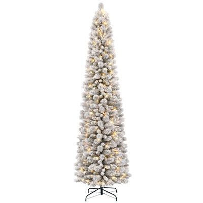 Puleo International 9ft Pre-Lit Flocked Portland Pine Pencil Christmas Tree with 450 Clear Lights, 623 Realistic Dense Snow Flocked Branch Tips, Easy Setup Artificial Trees with Sturdy Metal Stand