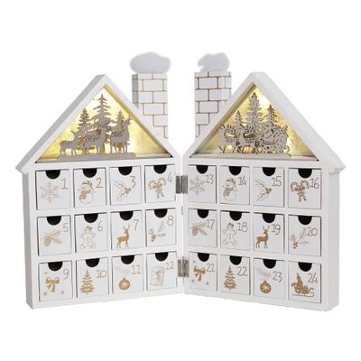 PIONEER-EFFORT Wooden Christmas Advent Calendar House with 24 Drawers and Led Lights Countdown Calendars for Christmas Decoration 2023, Candy Box (White Forest)