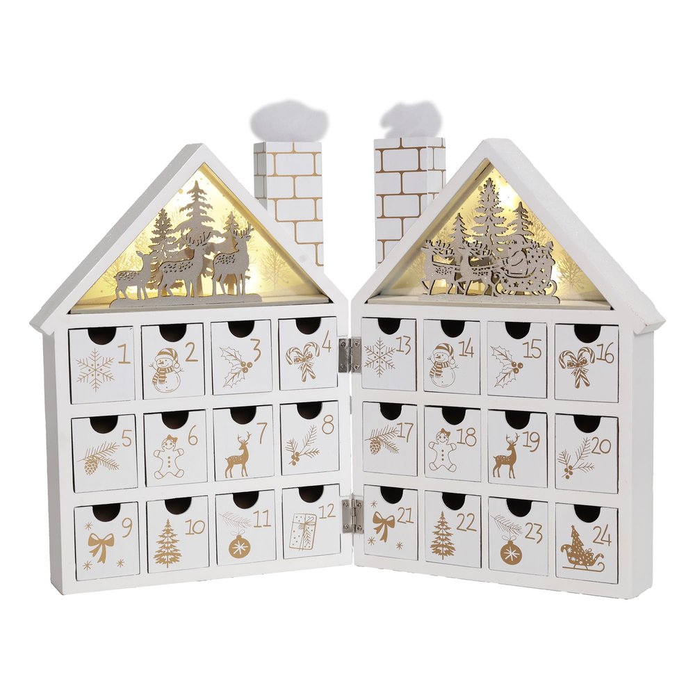 PIONEER-EFFORT Wooden Christmas Advent Calendar House with 24 Drawers and Led Lights Countdown Calendars for Christmas Decoration 2023, Candy Box (White Forest)