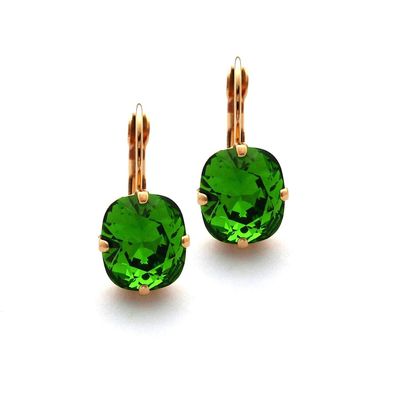 Fern Green Solitaire Cushion Cut Earrings made with Genuine Austrian Crystals, 10mm Fern Green, Kelly Green, Drop Lever Back, Assorted Finishes, Bridesmaids Gift