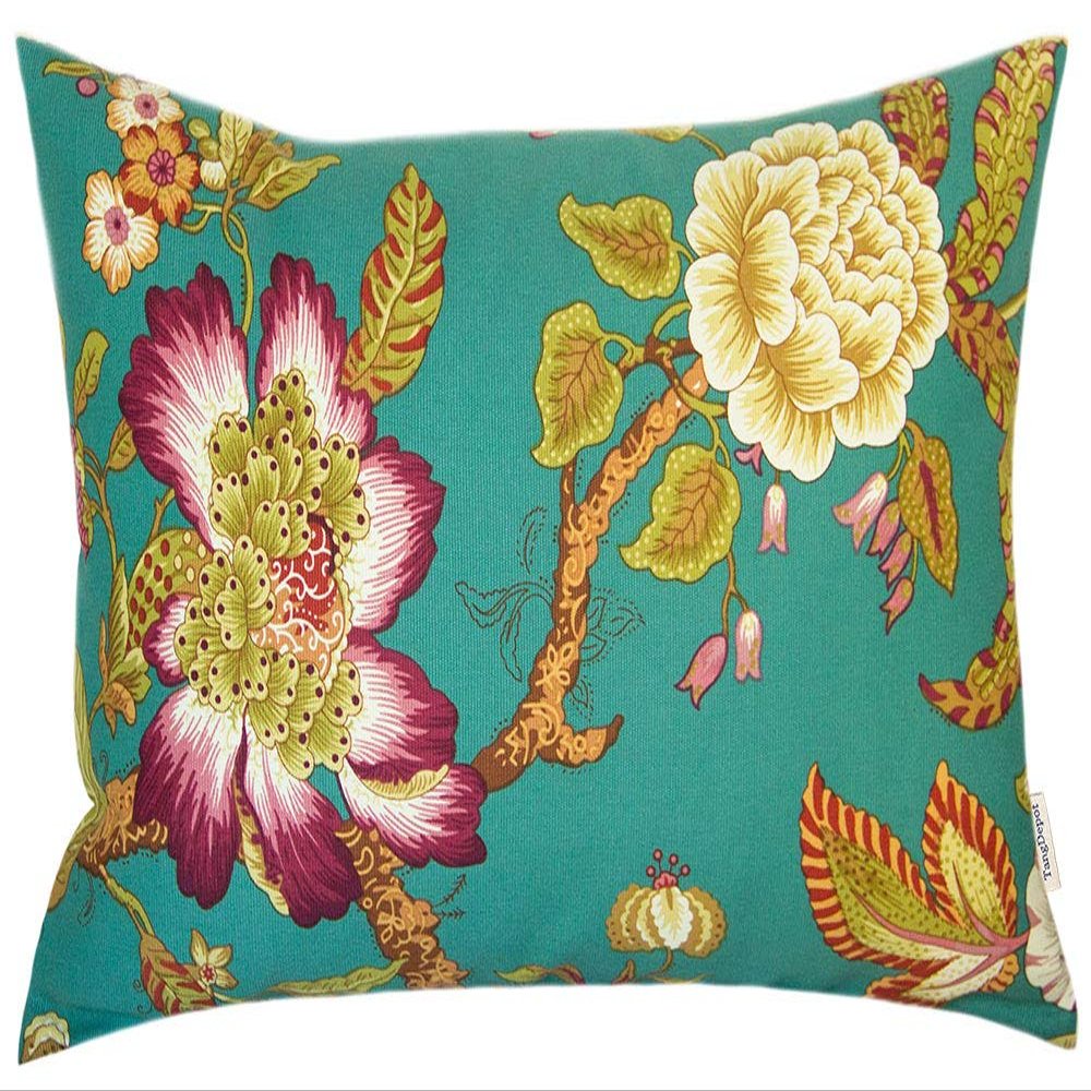 TangDepot Cotton Floral Cushion Cover 12"x18" Urple Flower-Teal Green