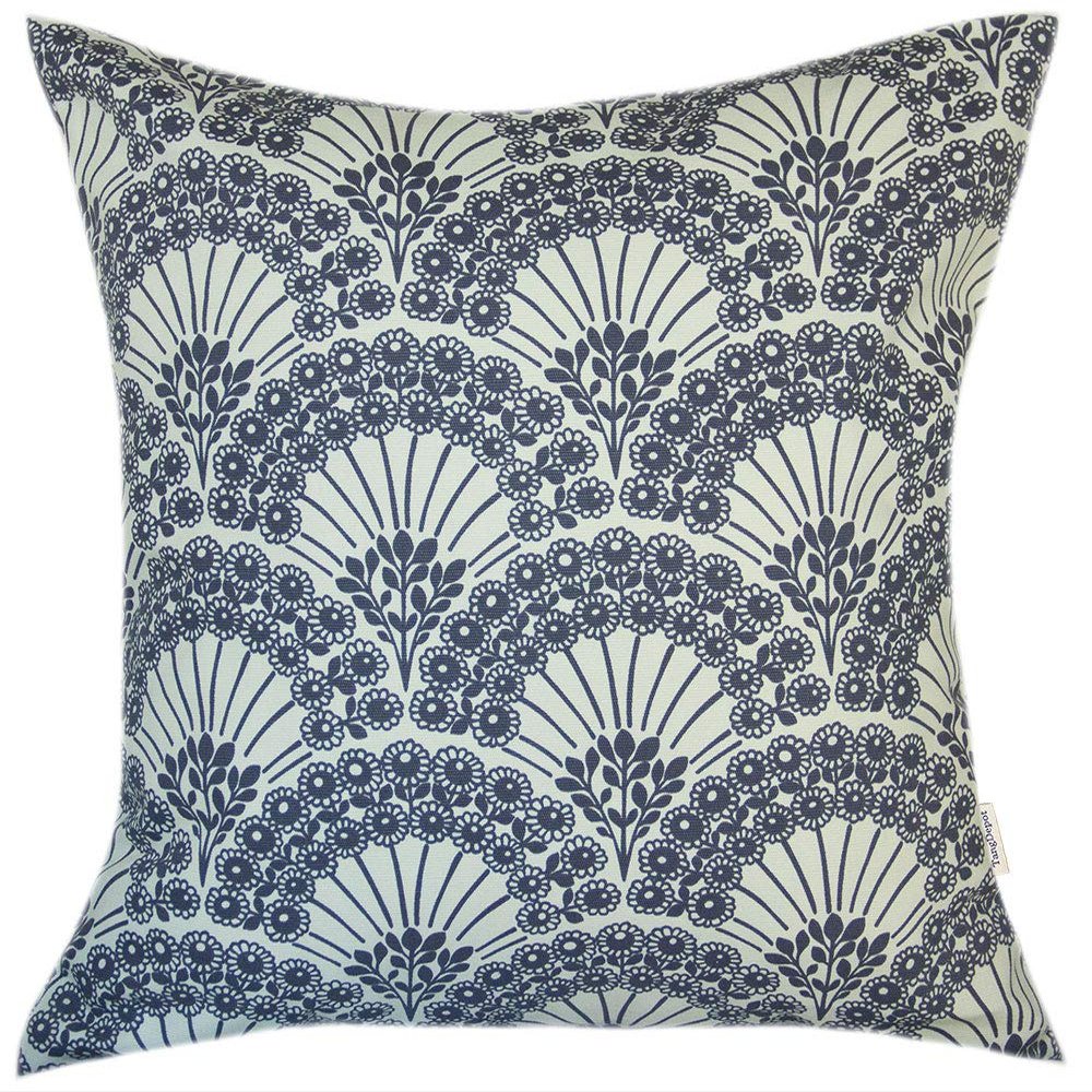TangDepot Cotton Floral Cushion Cover 14"x14" Hand Fan-Blue Floral