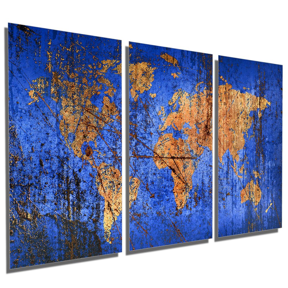 72 x 36 TOTAL - Abstract Blue Word Map Metal Print wall art. 3 Panel split, Triptych HD aluminum multi panel print