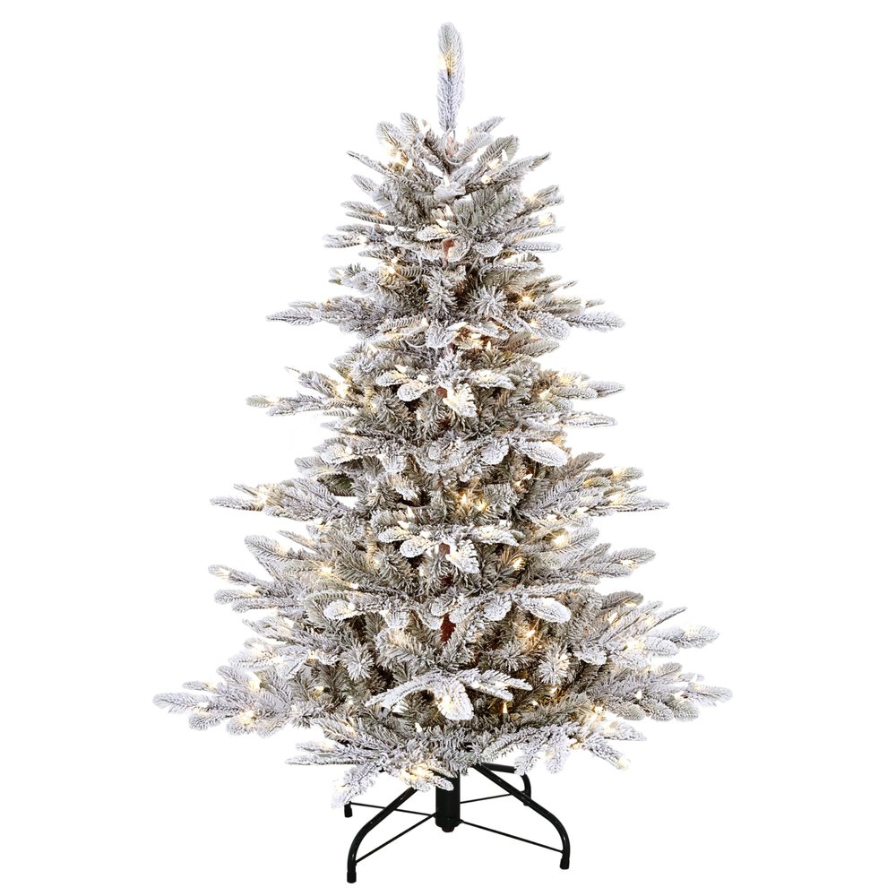 Puleo International 4.5ft Pre-Lit Flocked Aspen Fir Christmas Tree with 250 Clear Lights, 411 Realistic Dense Snow Flocked Branch Tips, Easy Setup Artificial Trees with Sturdy Metal Stand