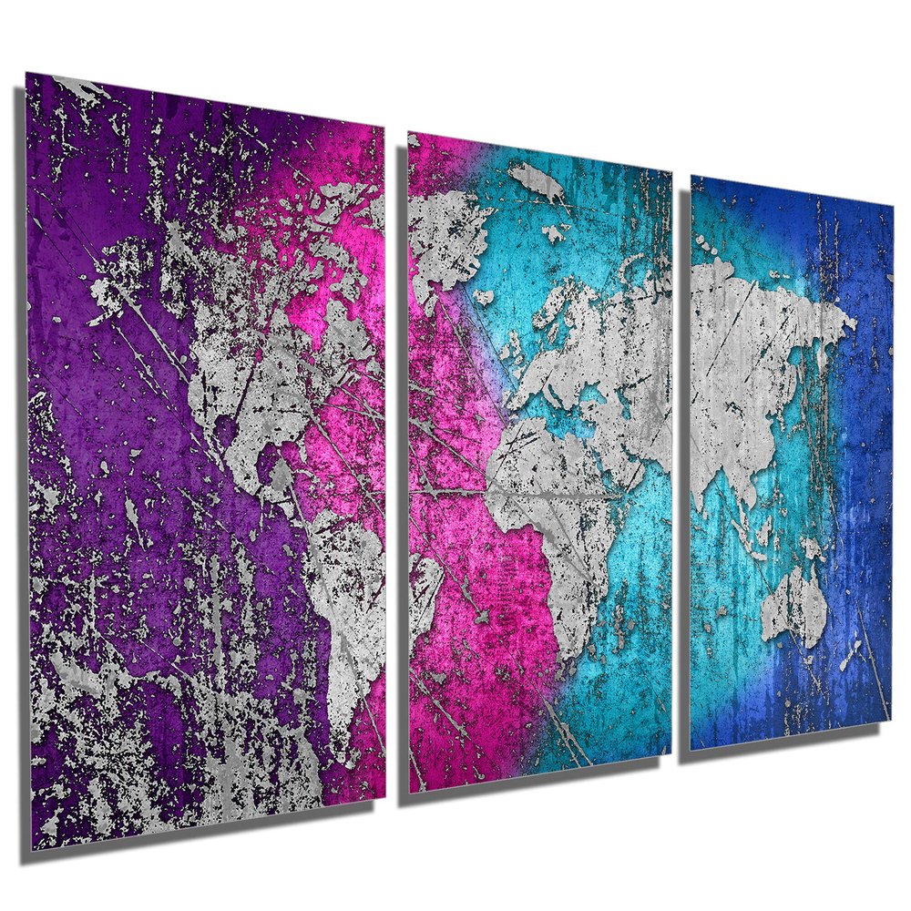 72 x 36 TOTAL - Colorful Wave World Map Silver - Metal Print wall art. 3 Panel split, Triptych. HD aluminum panels
