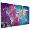 72 x 36 TOTAL - Colorful Wave World Map Silver - Metal Print wall art. 3 Panel split, Triptych. HD aluminum panels view 1