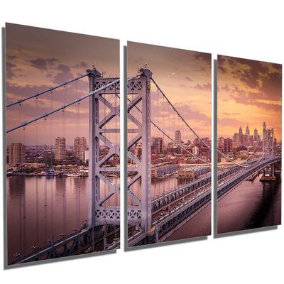 36 x 18 TOTAL - Benjamin Franklin Bridge Sunset Metal Print wall art 3 Panel split, Triptych. HD aluminum print