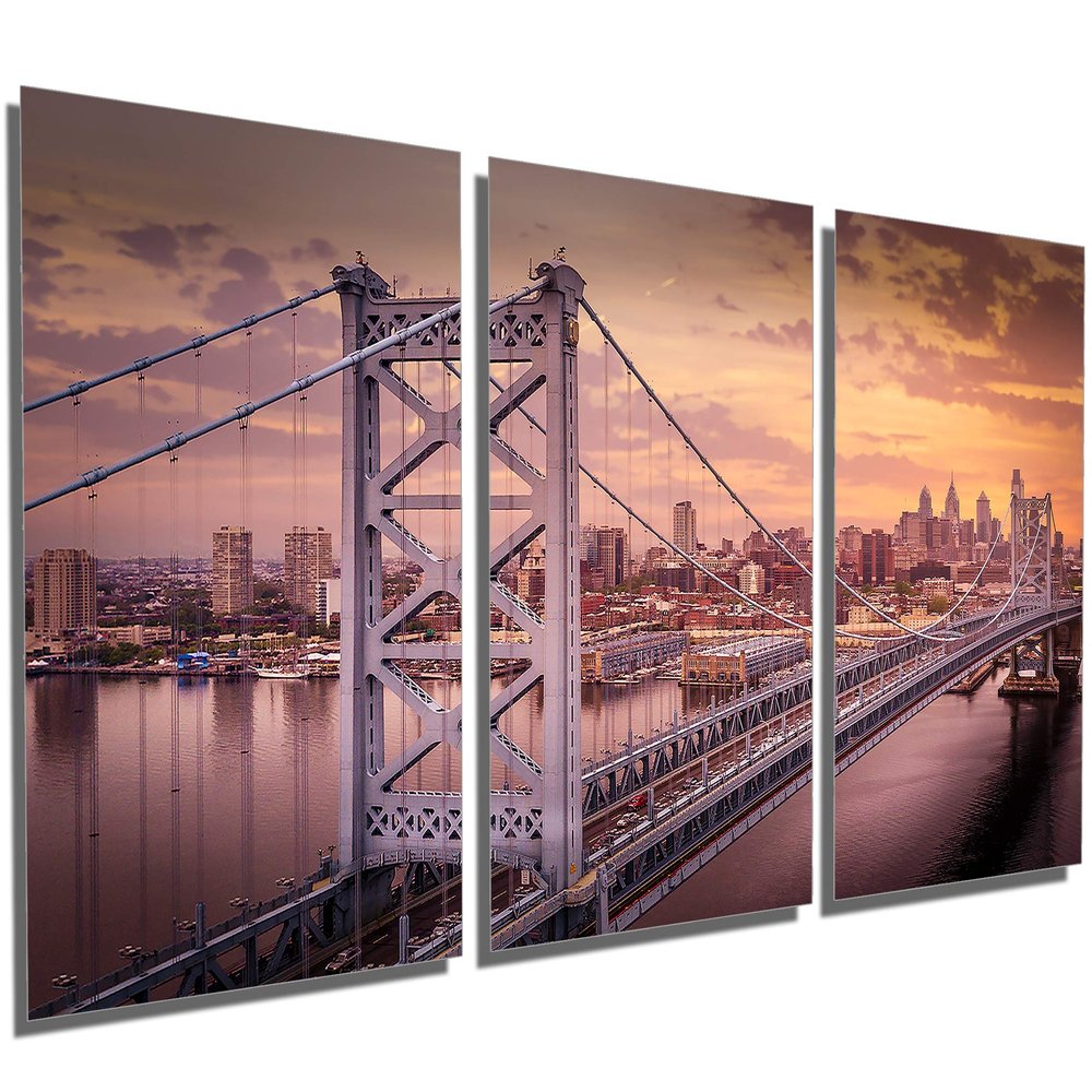 36 x 18 TOTAL - Benjamin Franklin Bridge Sunset Metal Print wall art 3 Panel split, Triptych. HD aluminum print