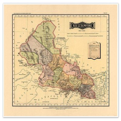 Antiguos Maps Estado Libre y Soberano de San Luis Potosi from Atlas Mexicano circa 1884 | Art Print Poster Vintage Wall Decor | 24 x 30 inches (610 x 762 mm)