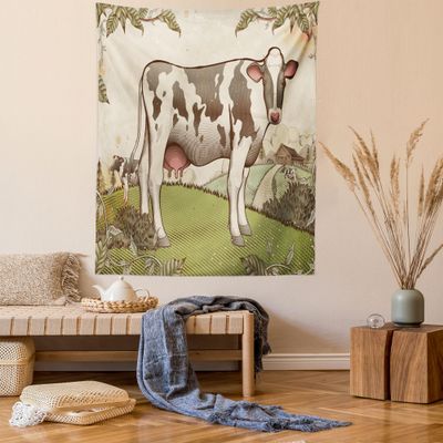 Ambesonne Farm Animal Tapestry Queen Size, Vintage Pastel Engraved Style Graphic of Dairy Cattle in Farmland, Wall Hanging Bedspread Bed Cover Wall Decor, 88" X 88", Multicolor