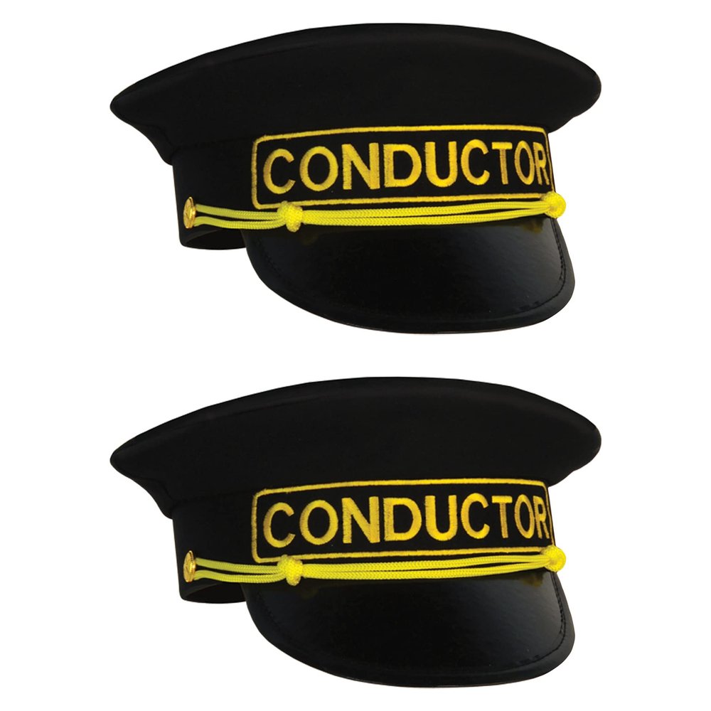 Beistle Conductor Hats 2 Pack Black Train Conductor Costume Caps with Gold Embroidered Detail Vinyl Brim Railway Uniform Accessory for Cosplay Theater, Adult One Size