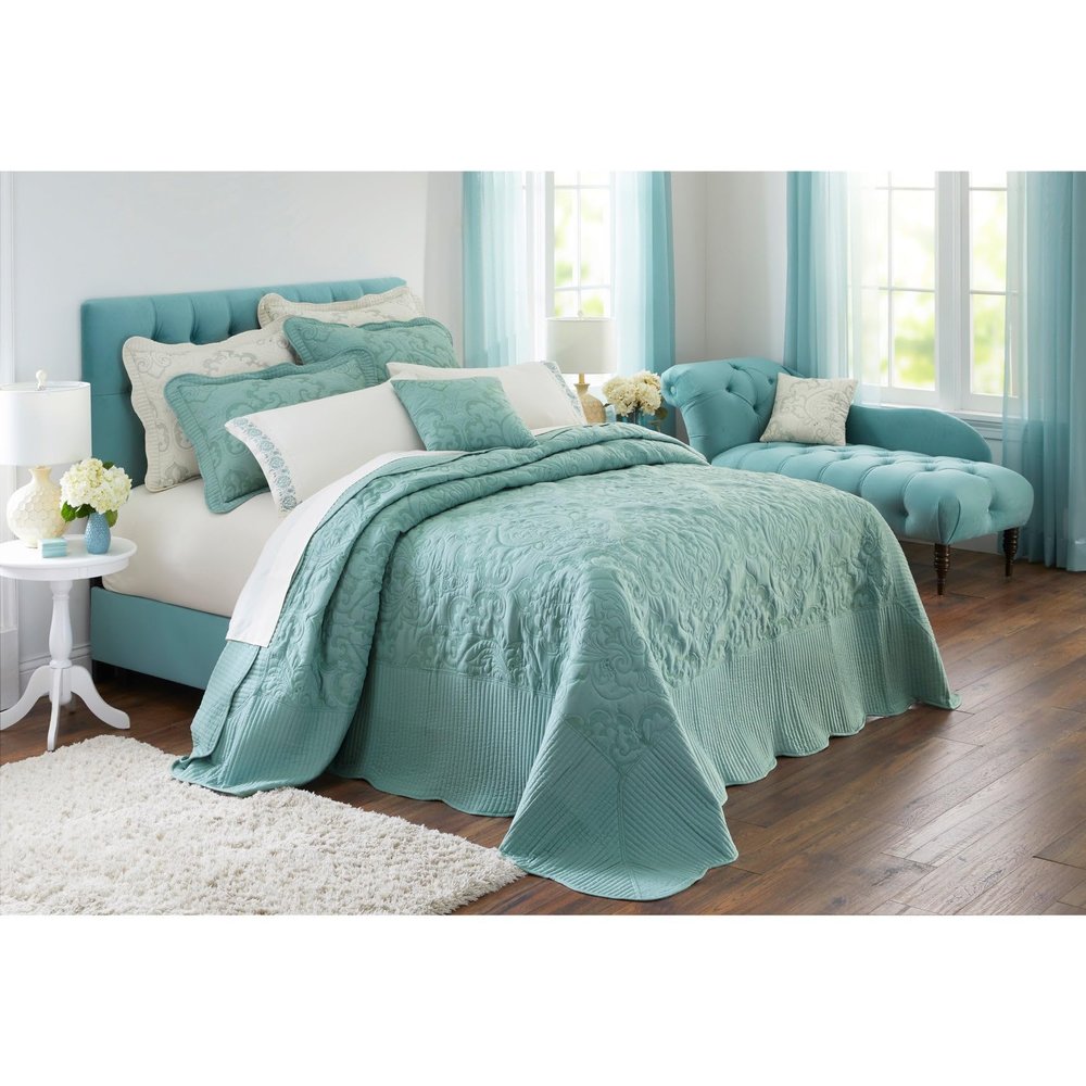 BrylaneHome Bedding Lightweight All Season Modern Amelia Quilted Damask Oversized Ultra Soft Bedspread - Full, Seaglass