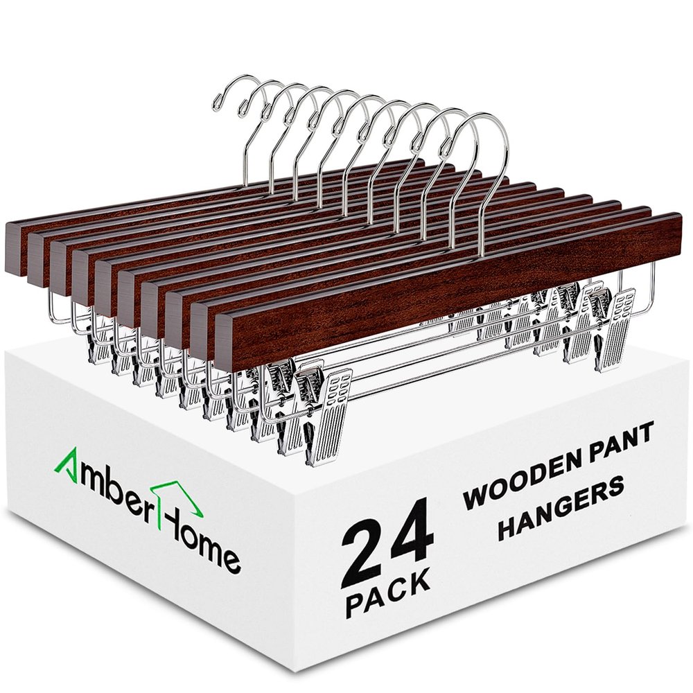 Amber Home 24 Pack Retro Wooden Pants Hangers with Clips, Walnut Wood Bottom Jeans Skirt Hanger, Clip Hanger for Trousers, Slacks, Shorts (Vintage, 24)